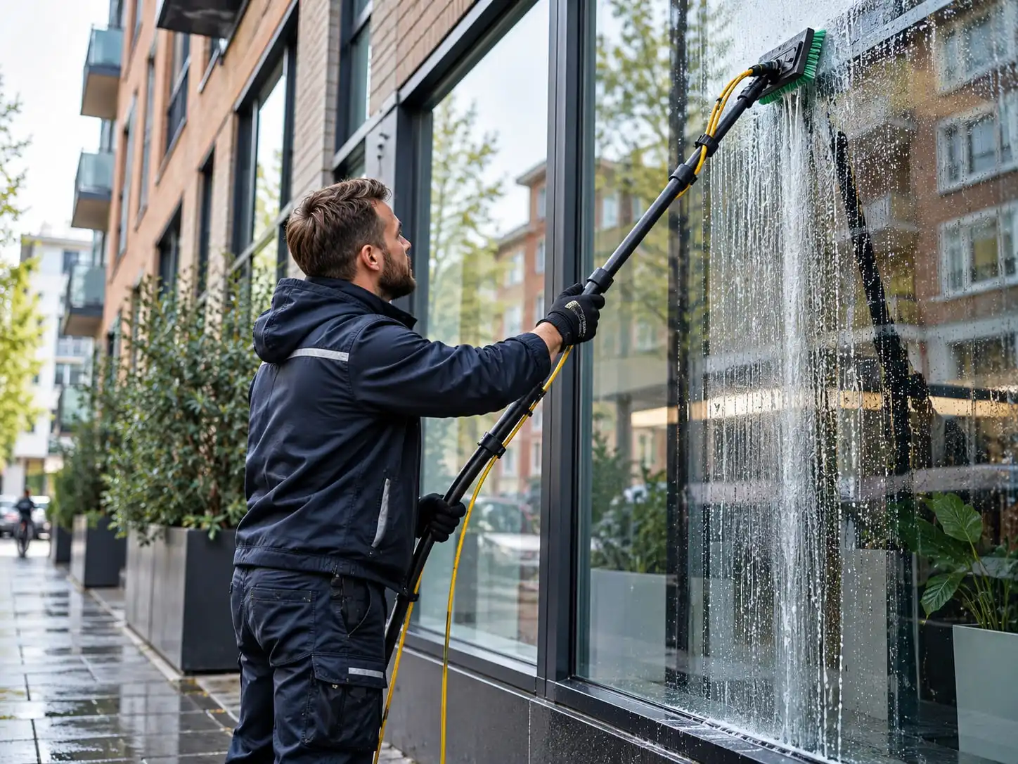 Glazenwasser reinigt de glazen pui van een bedrijfspand met een telescoopsteel
