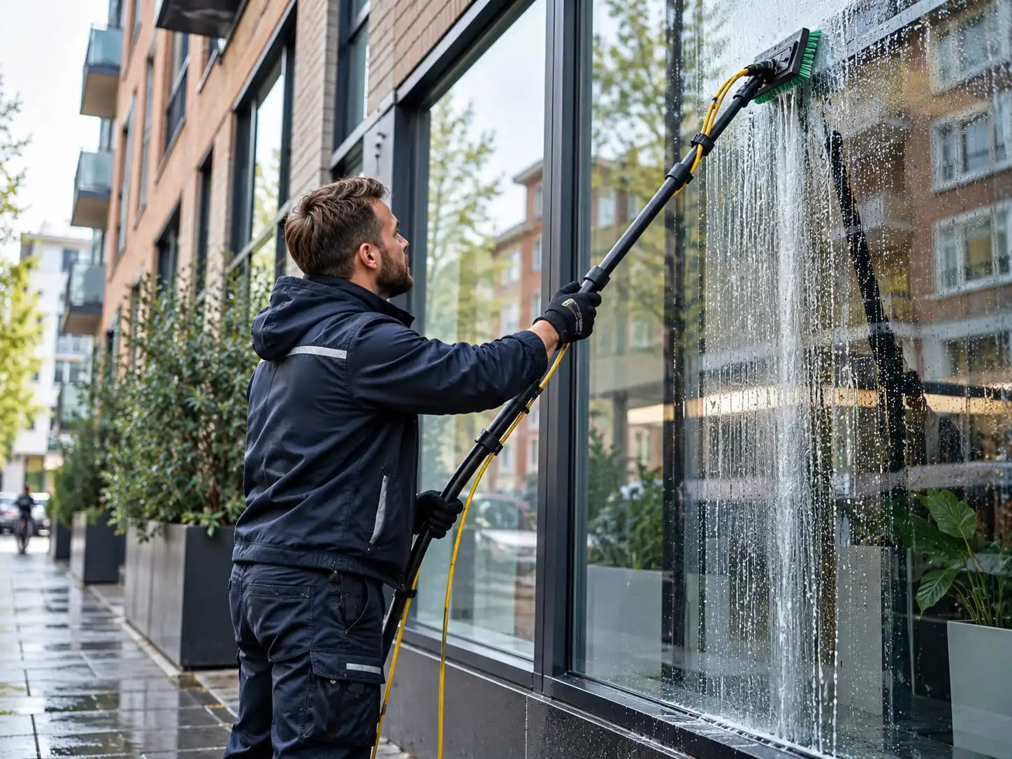 Glazenwasser reinigt de glazen pui van een bedrijfspand met een telescoopsteel