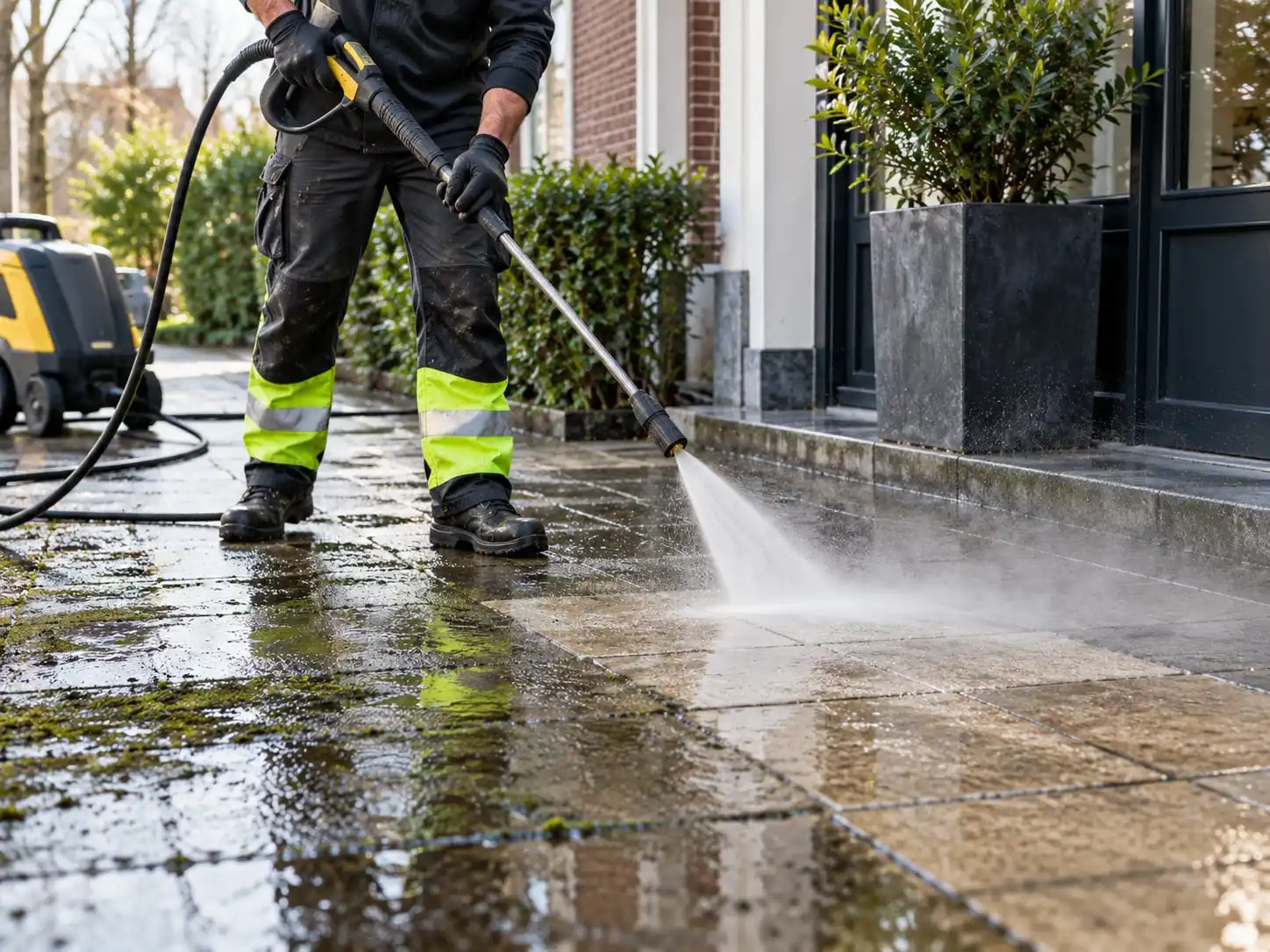 Medewerker reinigt een bestraat terras met een hogedrukreiniger