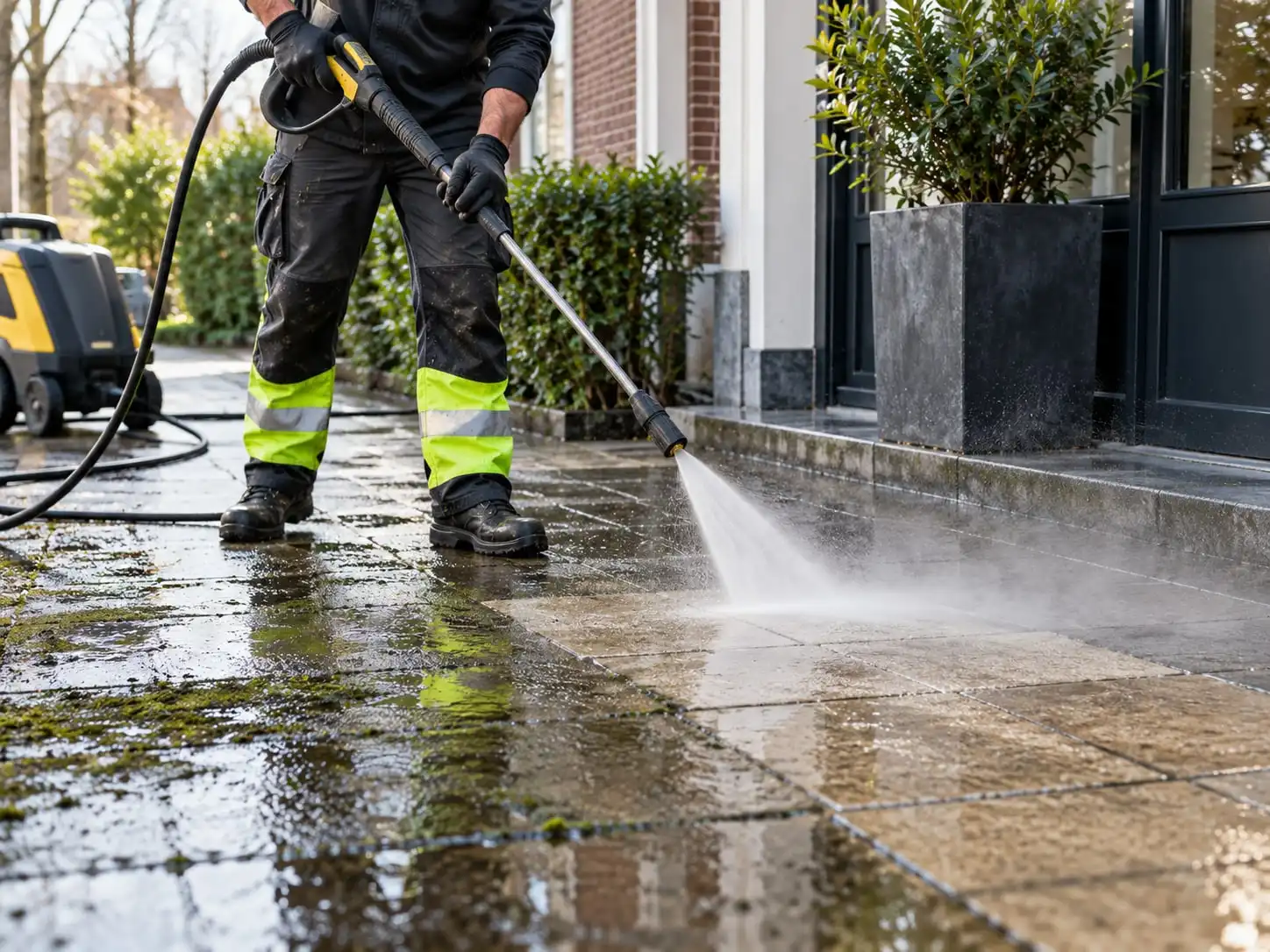 Medewerker reinigt een bestraat terras met een hogedrukreiniger