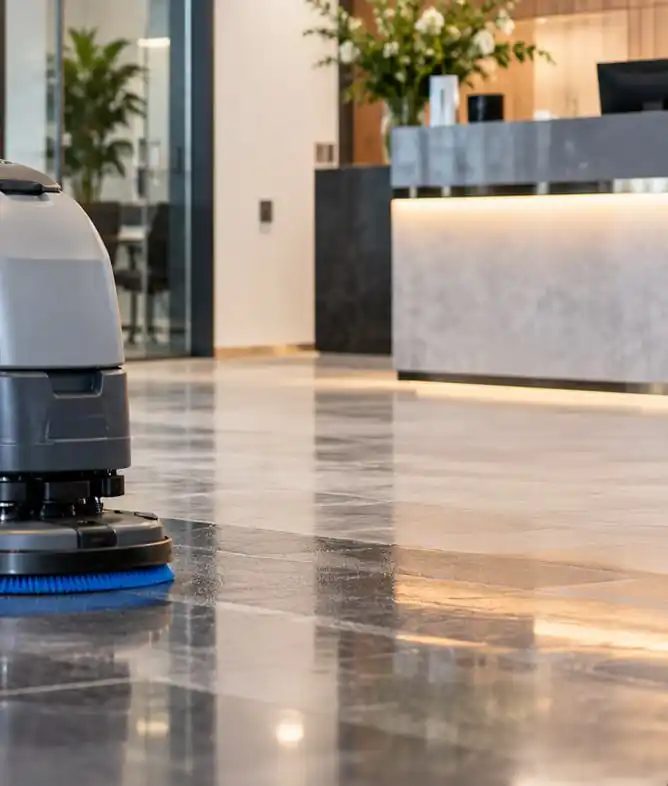 Glanzende natuurstenen vloer in een kantoorlobby, met de schrobmachine aan de rand