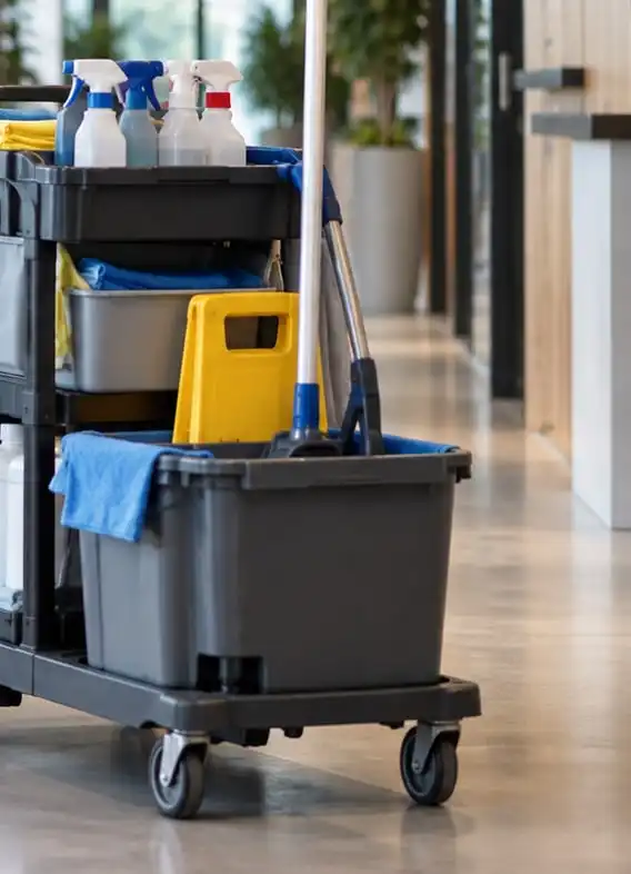 Schoonmaakkar met sprays, doeken en emmers in een kantoorgang