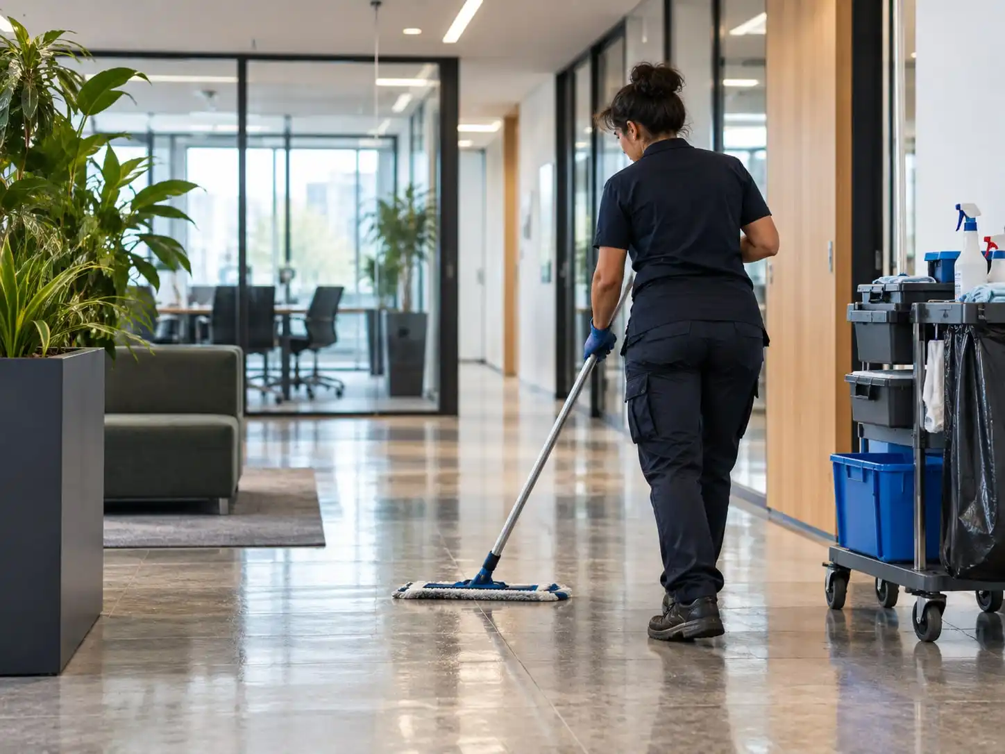 Schoonmaakster dweilt de vloer van een kantoorentree